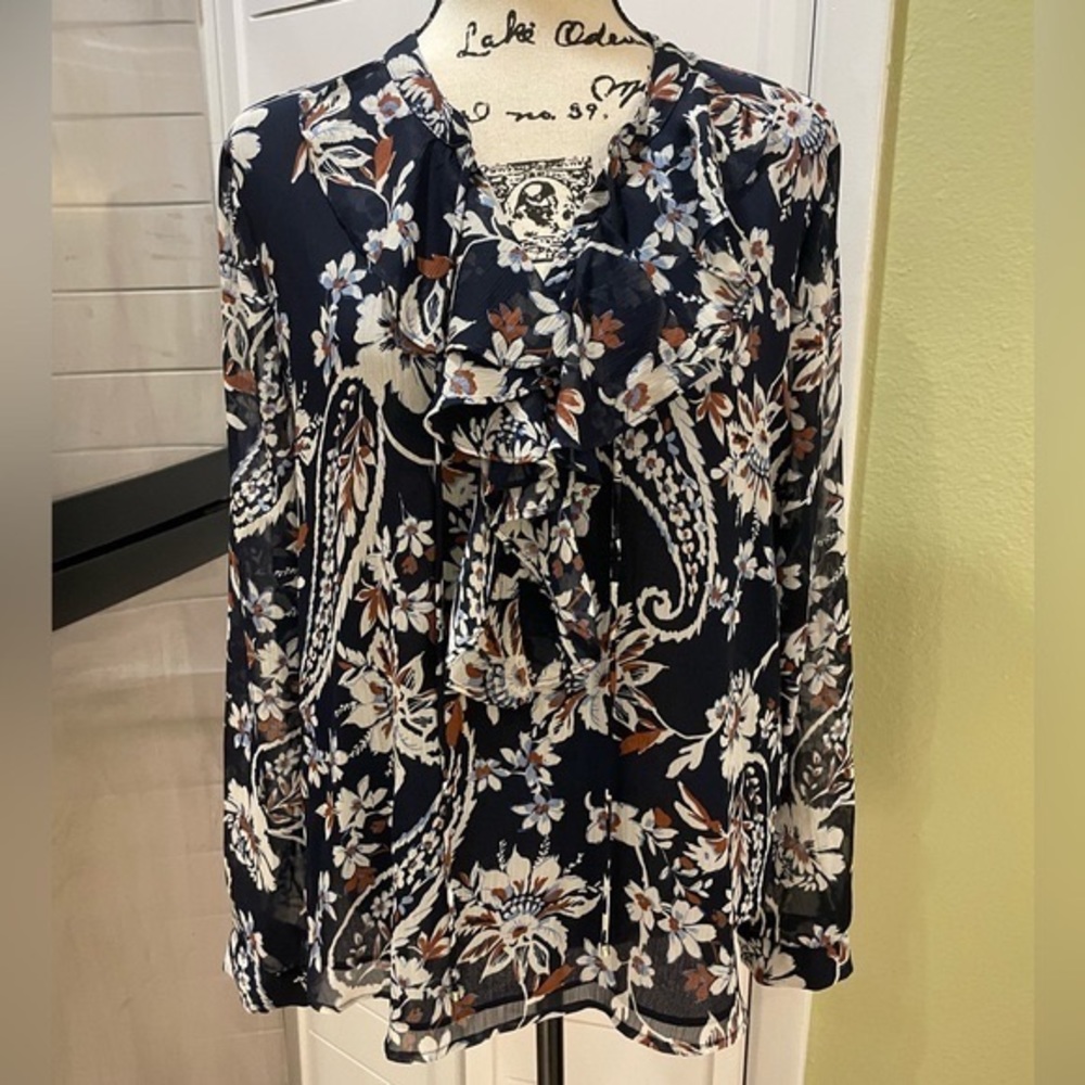 Tommy Hilfiger Floral Print Sheer Layered Ruffle Tie Blouson Long Sleeves Top LG